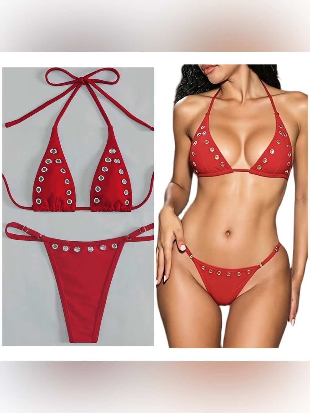 Red Eyelet Halter Thong Bikini Set